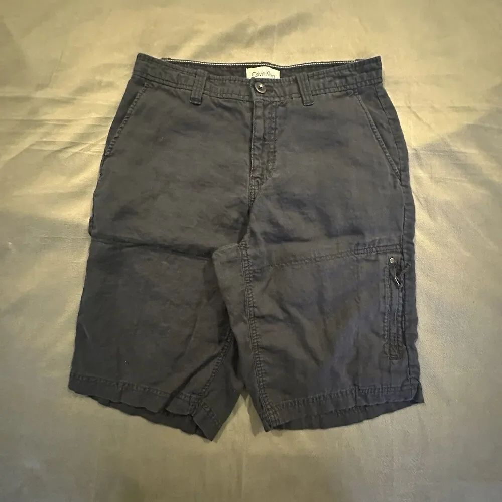 Calvin Klein Shorts Linen Men's 30 Chino Zipper Pocket Navy Blue Flat Front